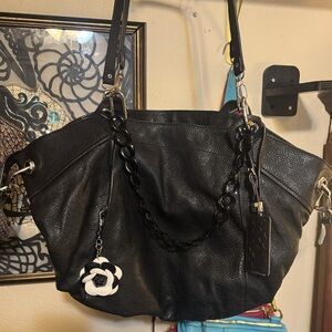 orYANY Black Leather Shoulder Bag with Chain Accent rare boho XL